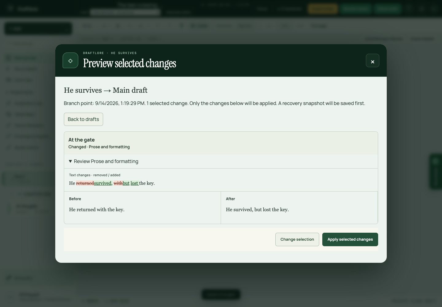 Draftlore showing a selected alternate draft change, additions and deletions, and before and after passages before application